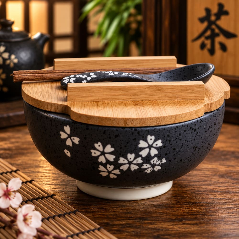 Bol Chinois Fleuri avec Baguettes et Couvercle