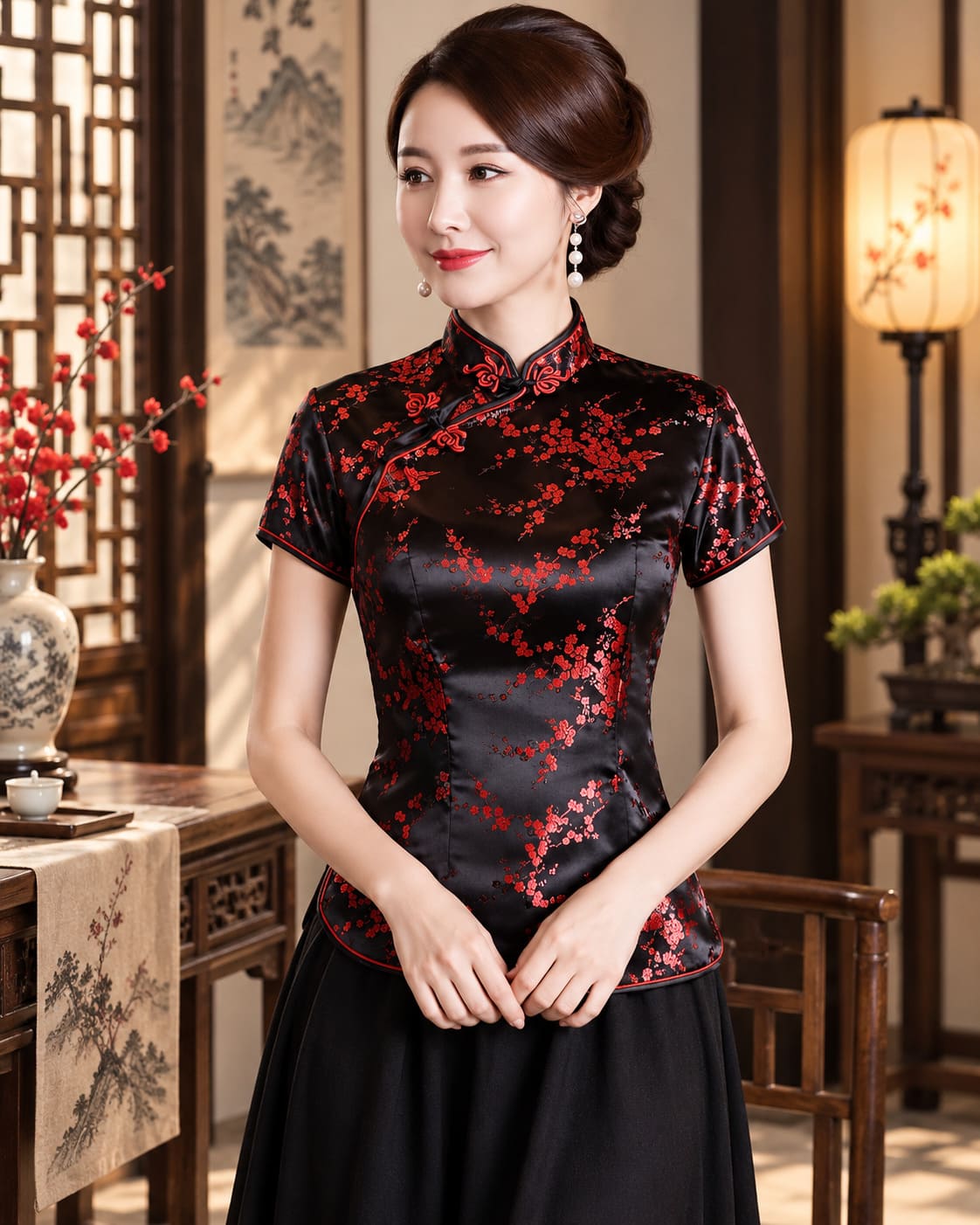Chemisier de Style Chinois – Fleurs Brodées