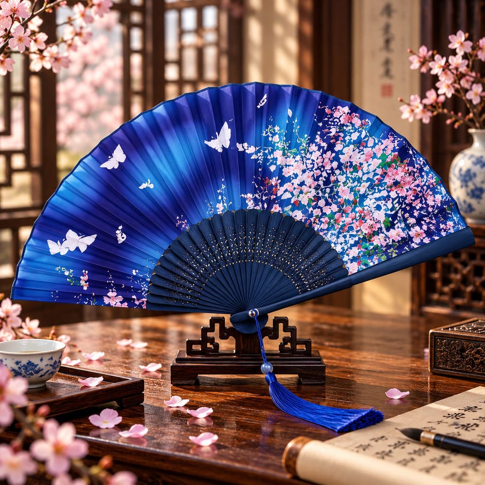Éventail Chinois Bleu – Papillons et Fleurs