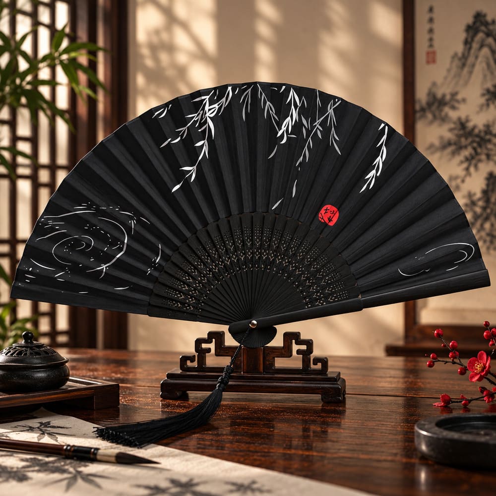 Éventail Chinois Noir – Feuilles Blanches