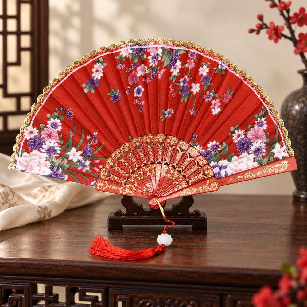 Éventail Chinois Rouge Traditionnel Fleuri