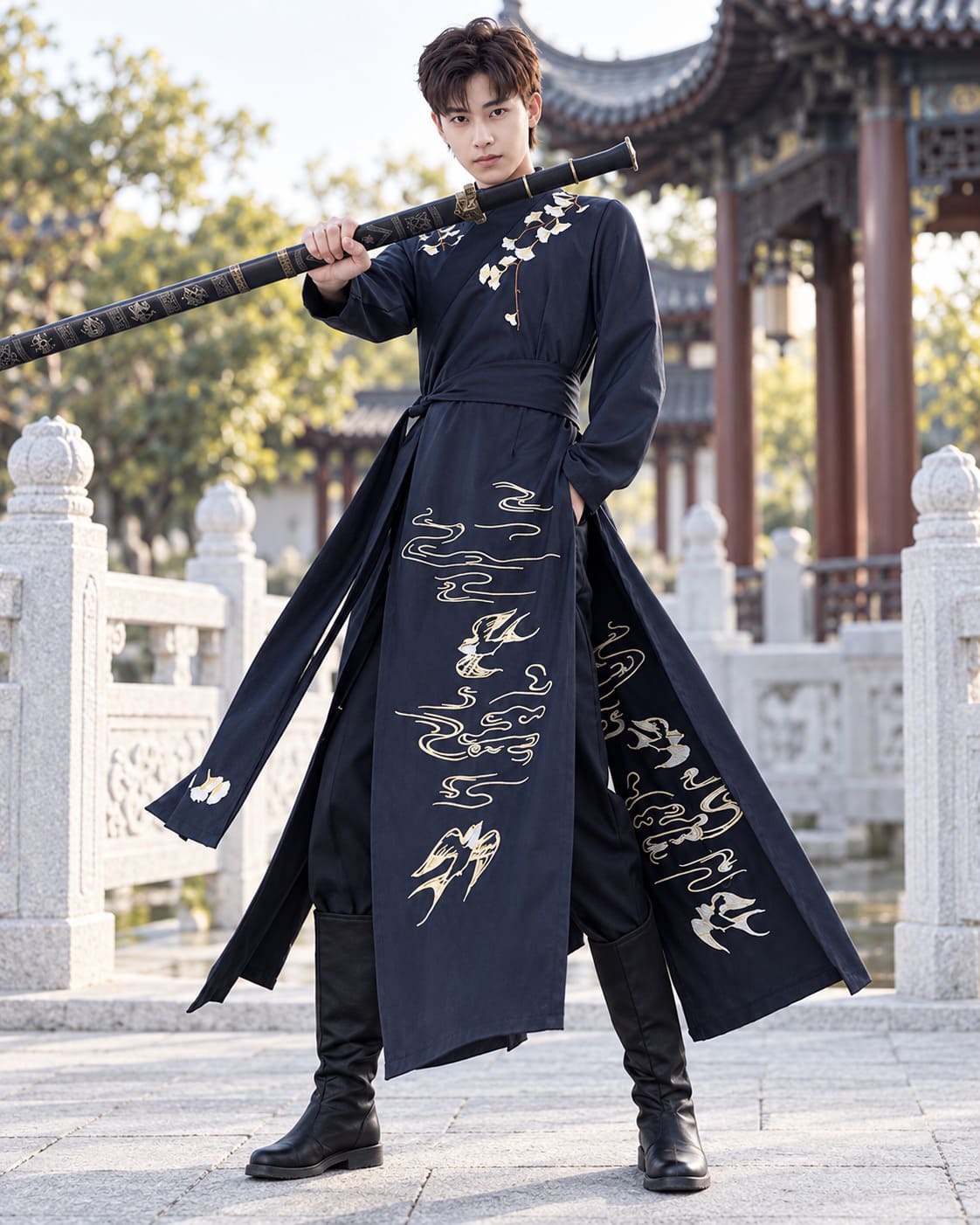 Hanfu Unisexe Bleu Marine – Fleurs, Nuages et Oiseaux