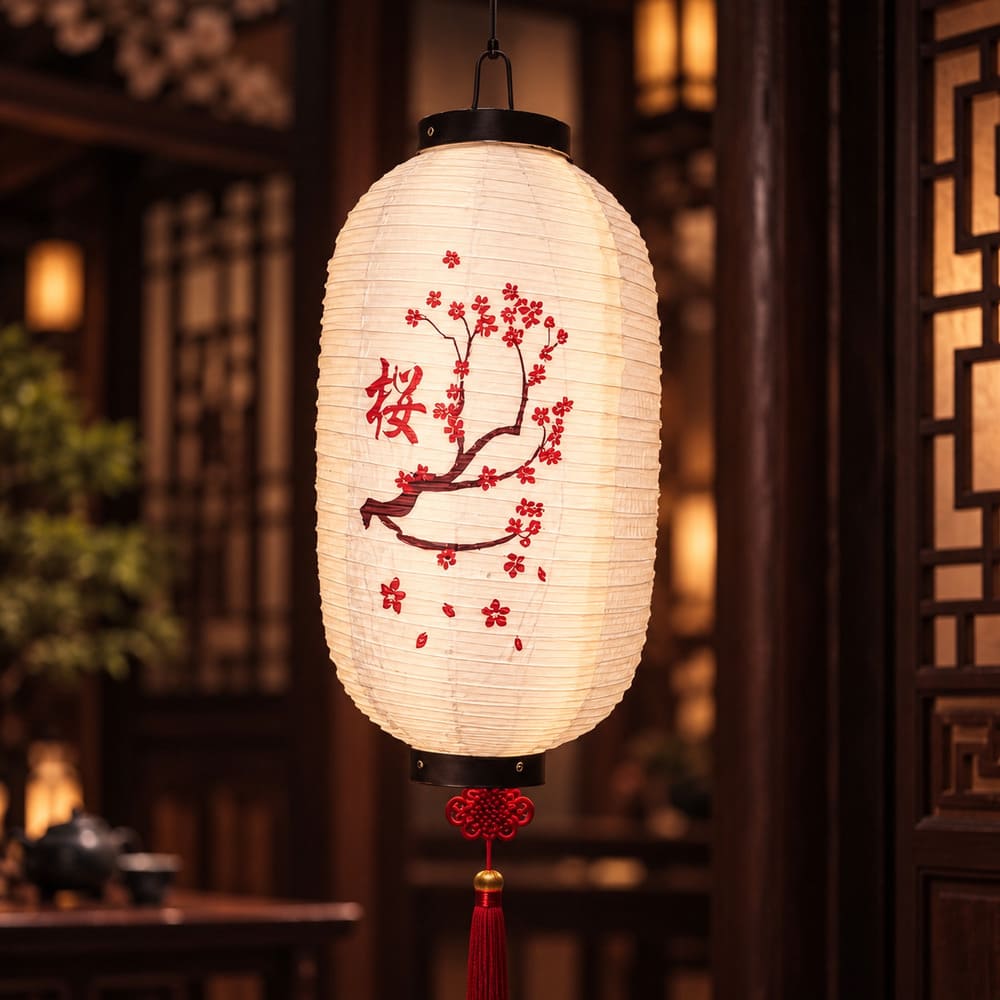Lampion Chinois Blanc – Branche de Cerisier Rouge