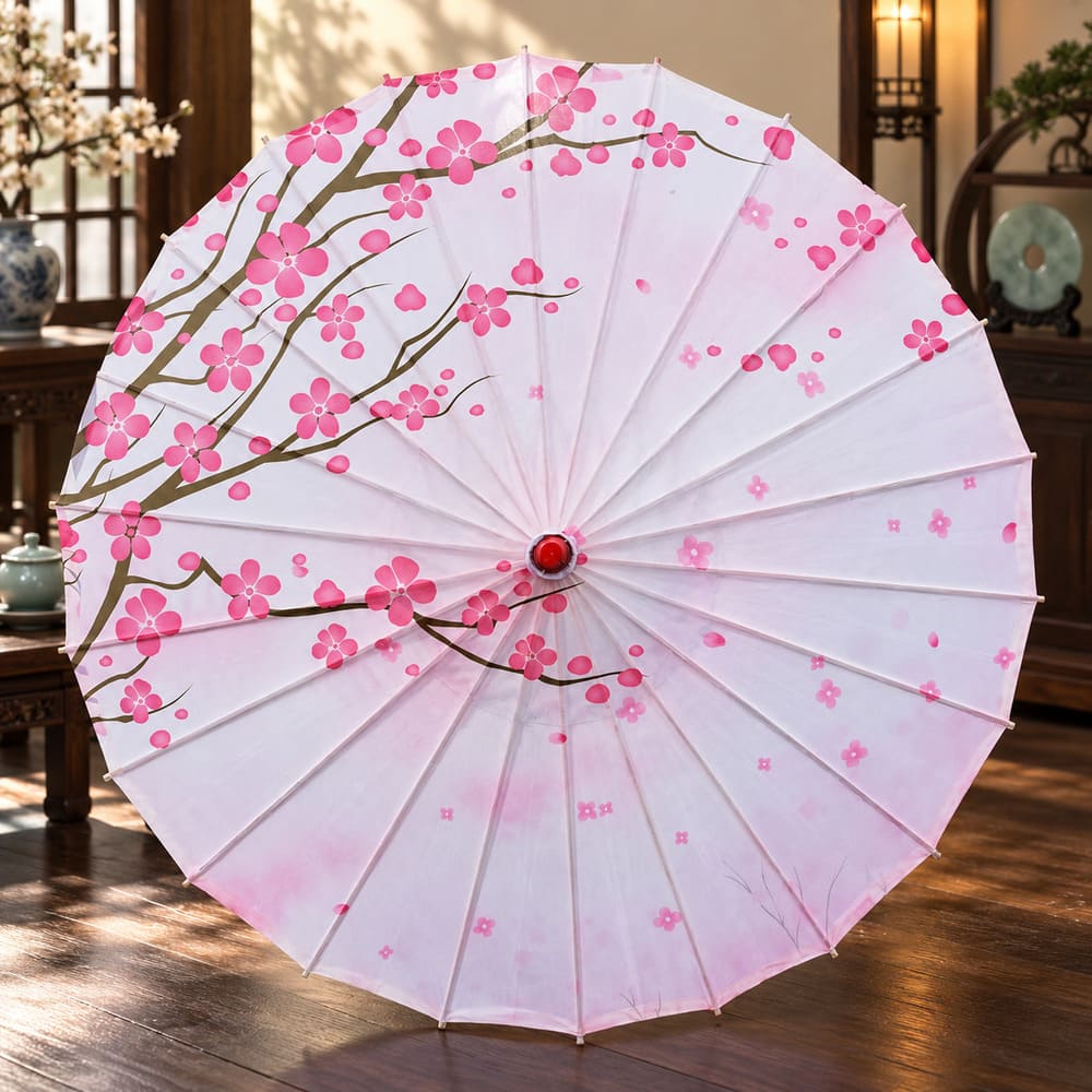 Ombrelle Chinoise Blanche – Branche de Cerisier en Fleurs Rose