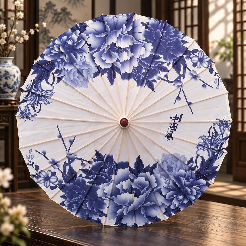 Ombrelle Chinoise Blanche – Fleurs Bleues