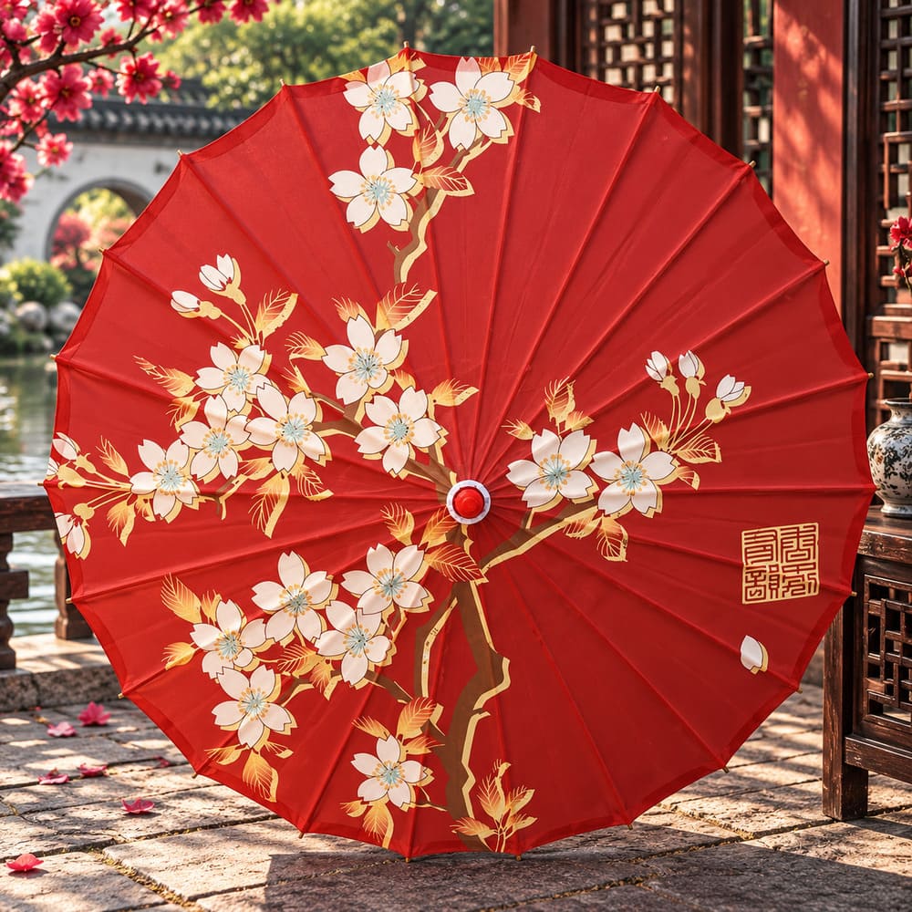 Ombrelle Chinoise Fleurie Rouge