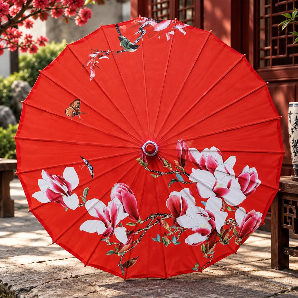 Ombrelle Chinoise Rouge à Fleurs