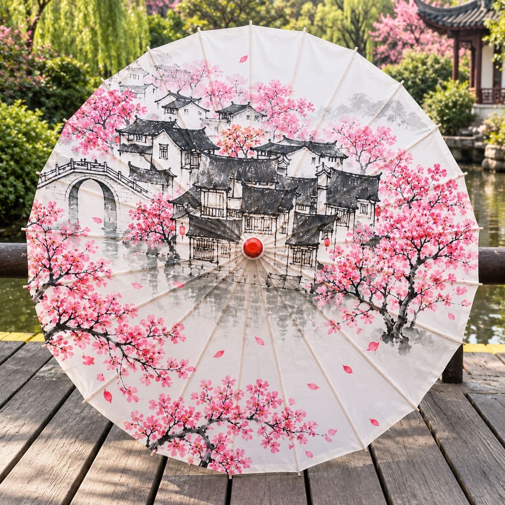Ombrelle Paysage Chinois – Village et Cerisiers Roses