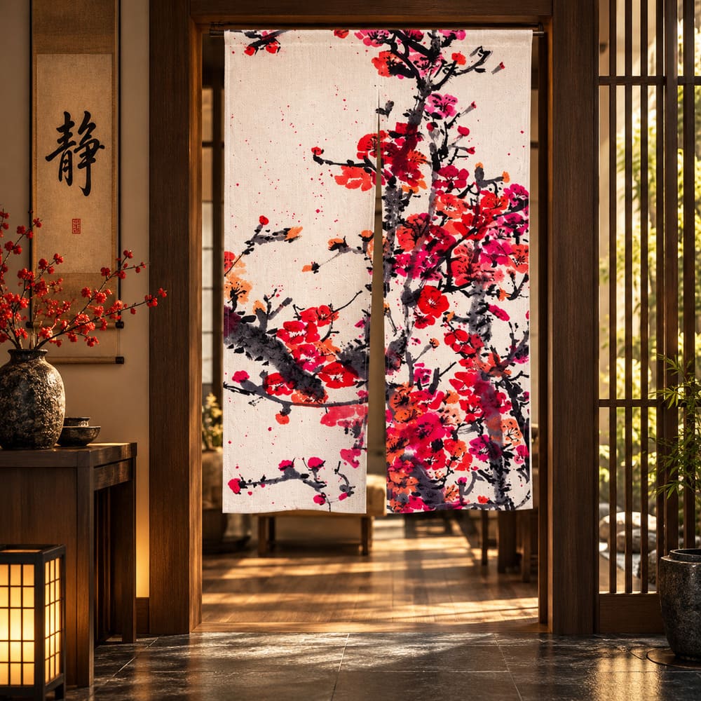 Rideau Chinois Fleuri en Deux Parties