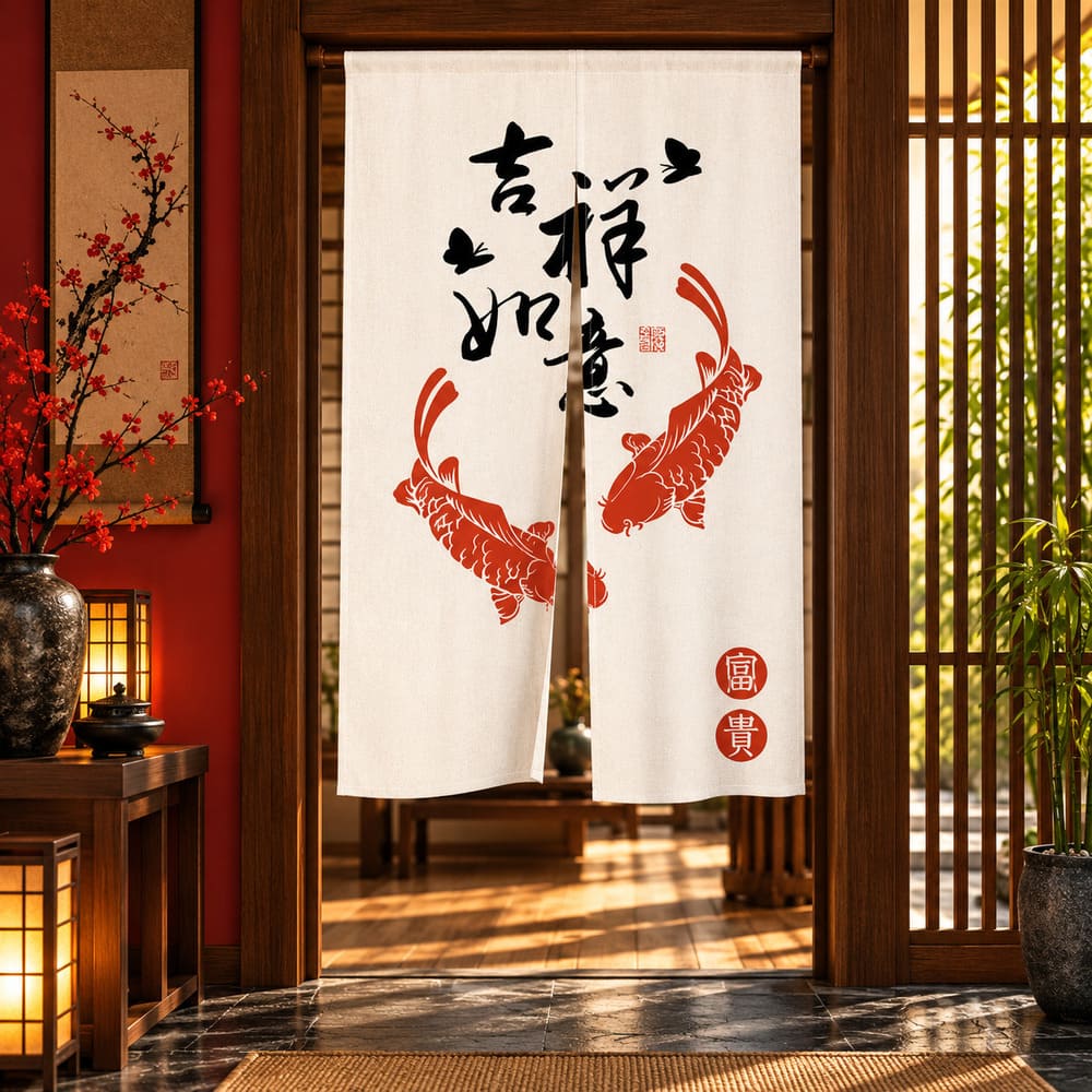 Rideau Motifs Chinois et Carpes Koi Rouges