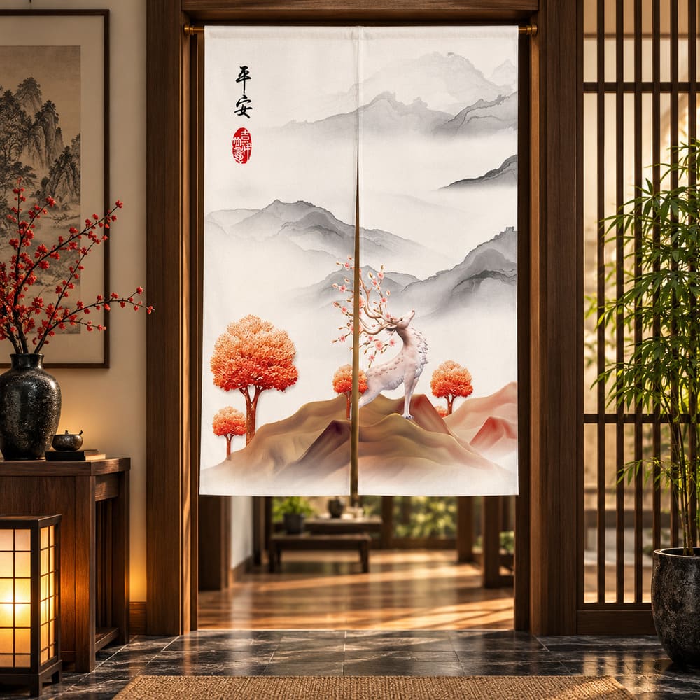 Rideau Paysage Chinois – Cerf et Montagne Embrumée