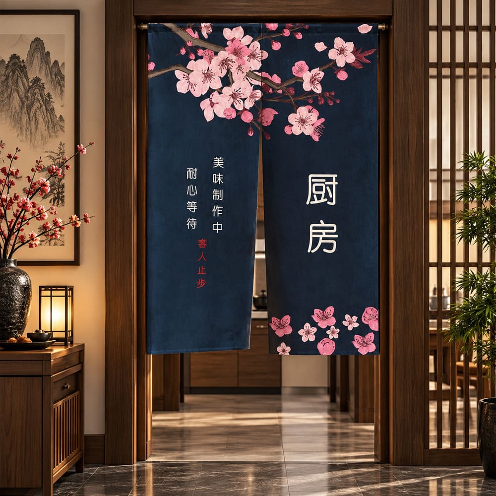 Rideau Style Chinois Bleu Marine – Branche de Cerisier Fleurie Rose