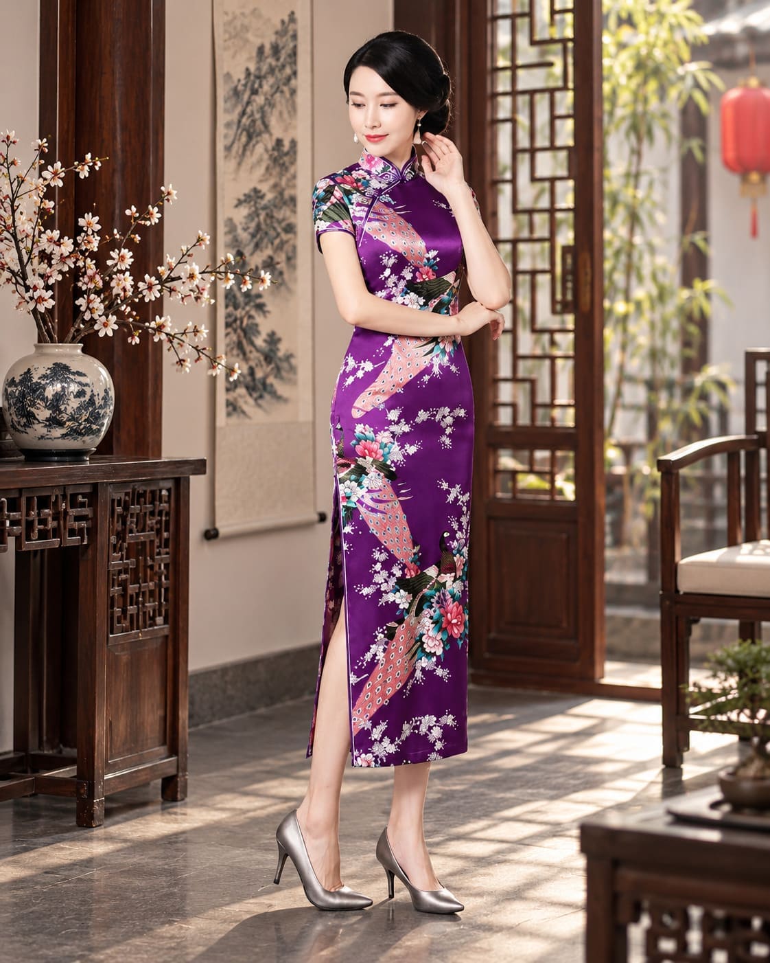 Robe Chinoise Violette Longue – Paon Majestueux