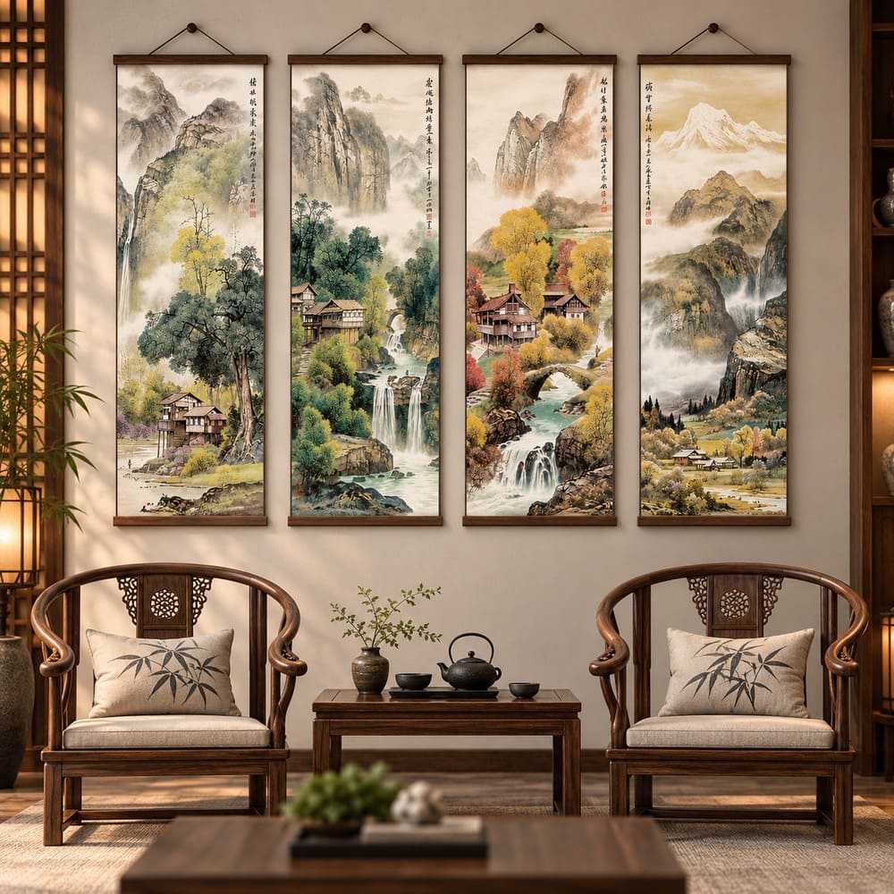 Tableau 4 Pièces Vintage – Paysage Chinois Zen