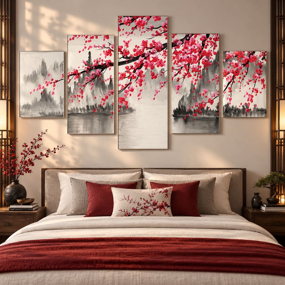 Tableau Chinois 5 Parties – Branches de Cerisier