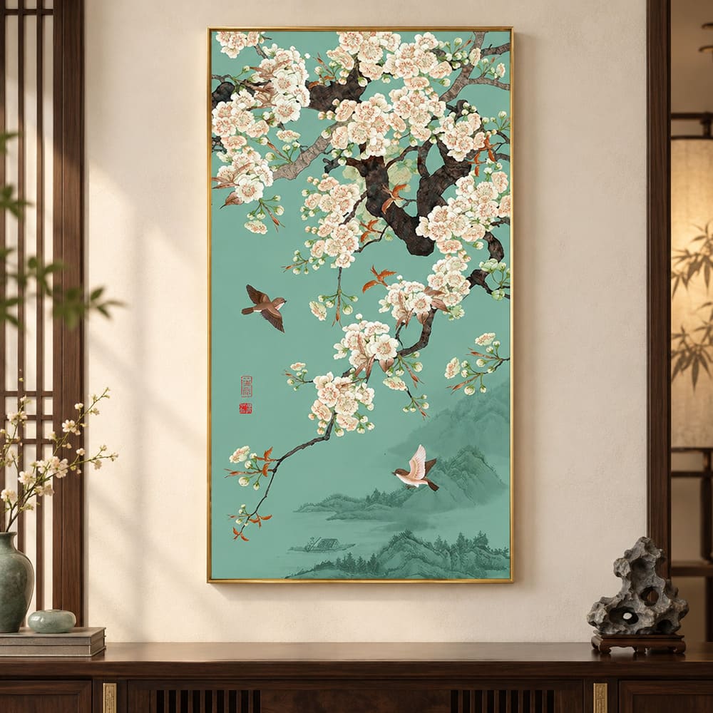 Tableau Chinois Moderne – Fleurs Blanches sur Fond Bleu Ciel