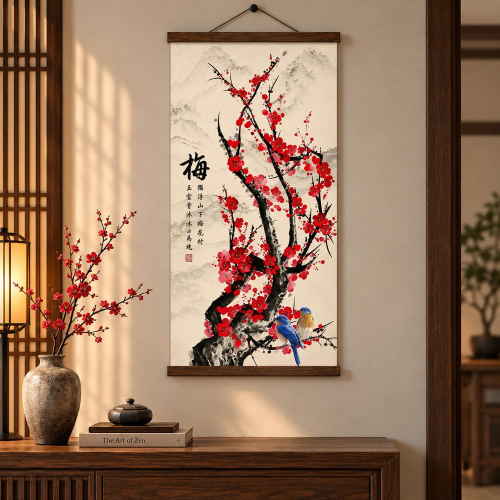 Tableau Chinois Vintage – Branche de Cerisier en Fleurs Rouge