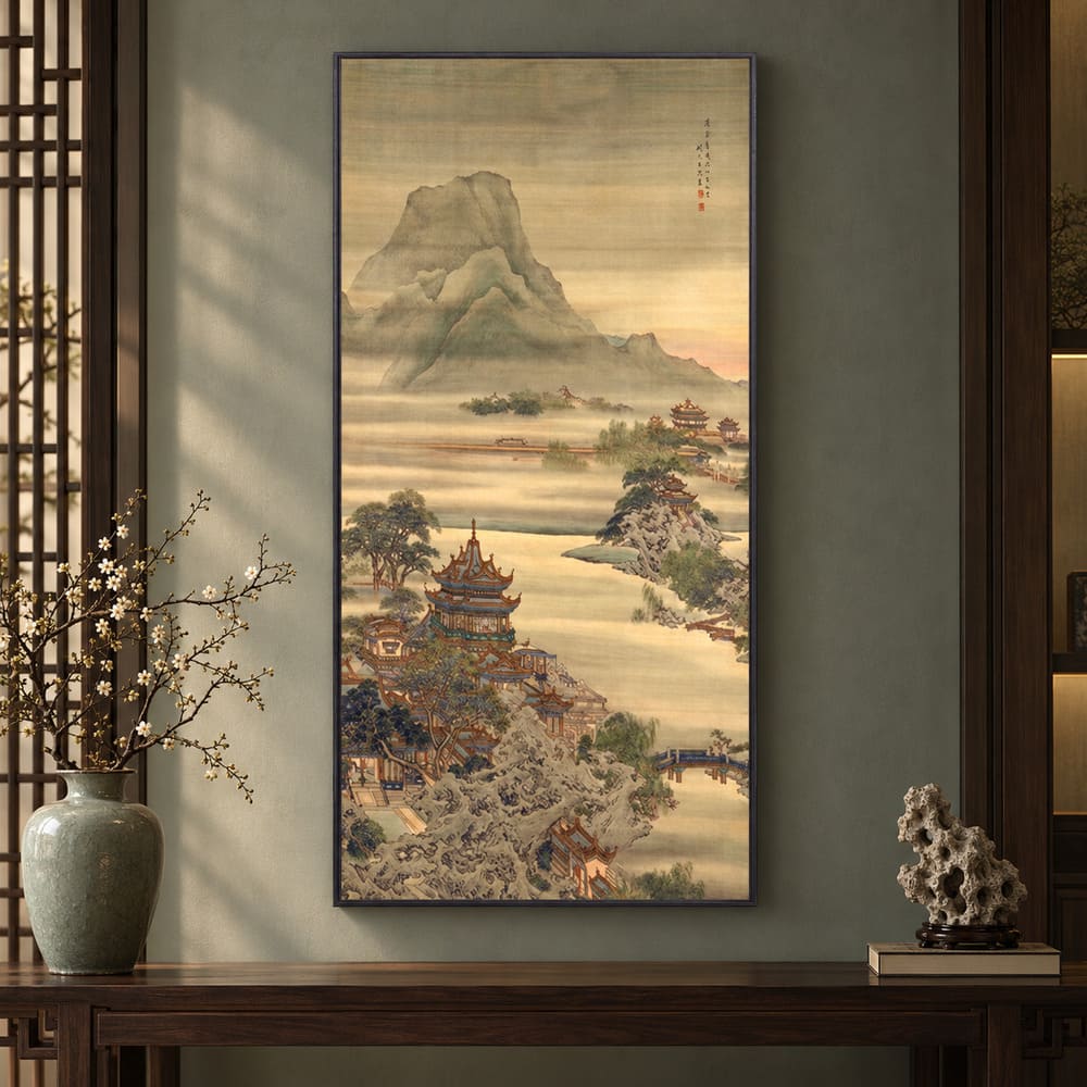 Tableau Paysage Chinois Retro – Temple, Rivière et Montagne