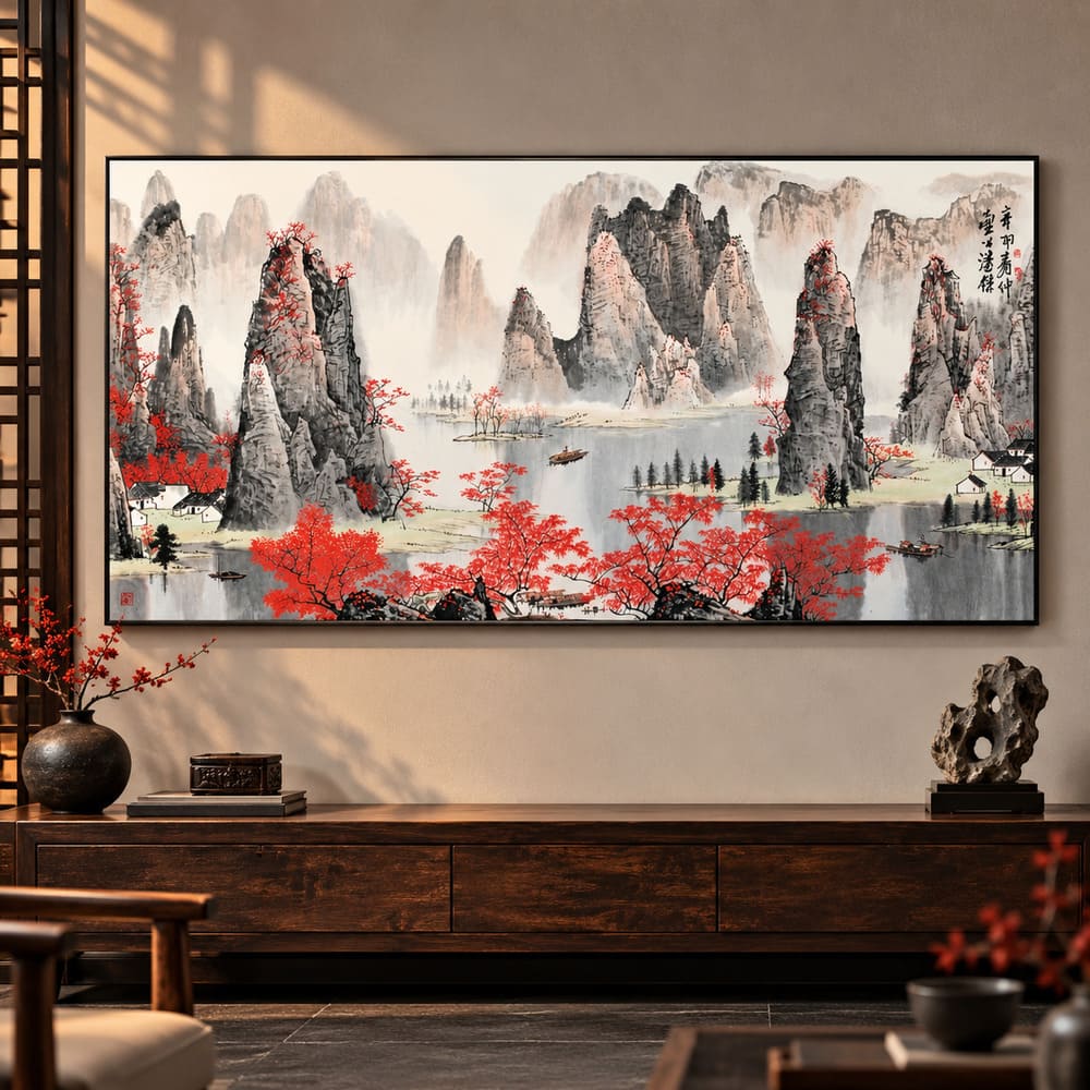 Tableau Peinture Sérénité Chinoise – Cerisiers, Rivière et Rochers