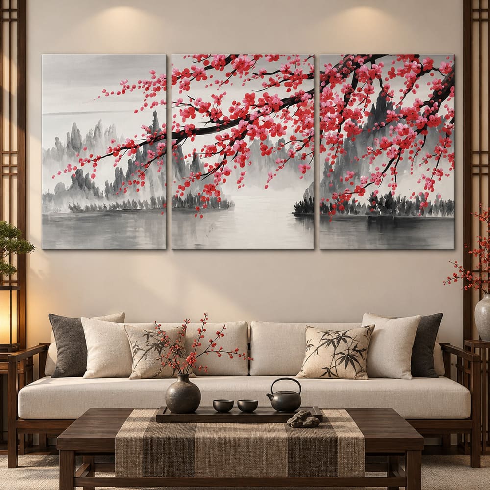 Tableau Triptyque Chinois – Branche de Cerisier