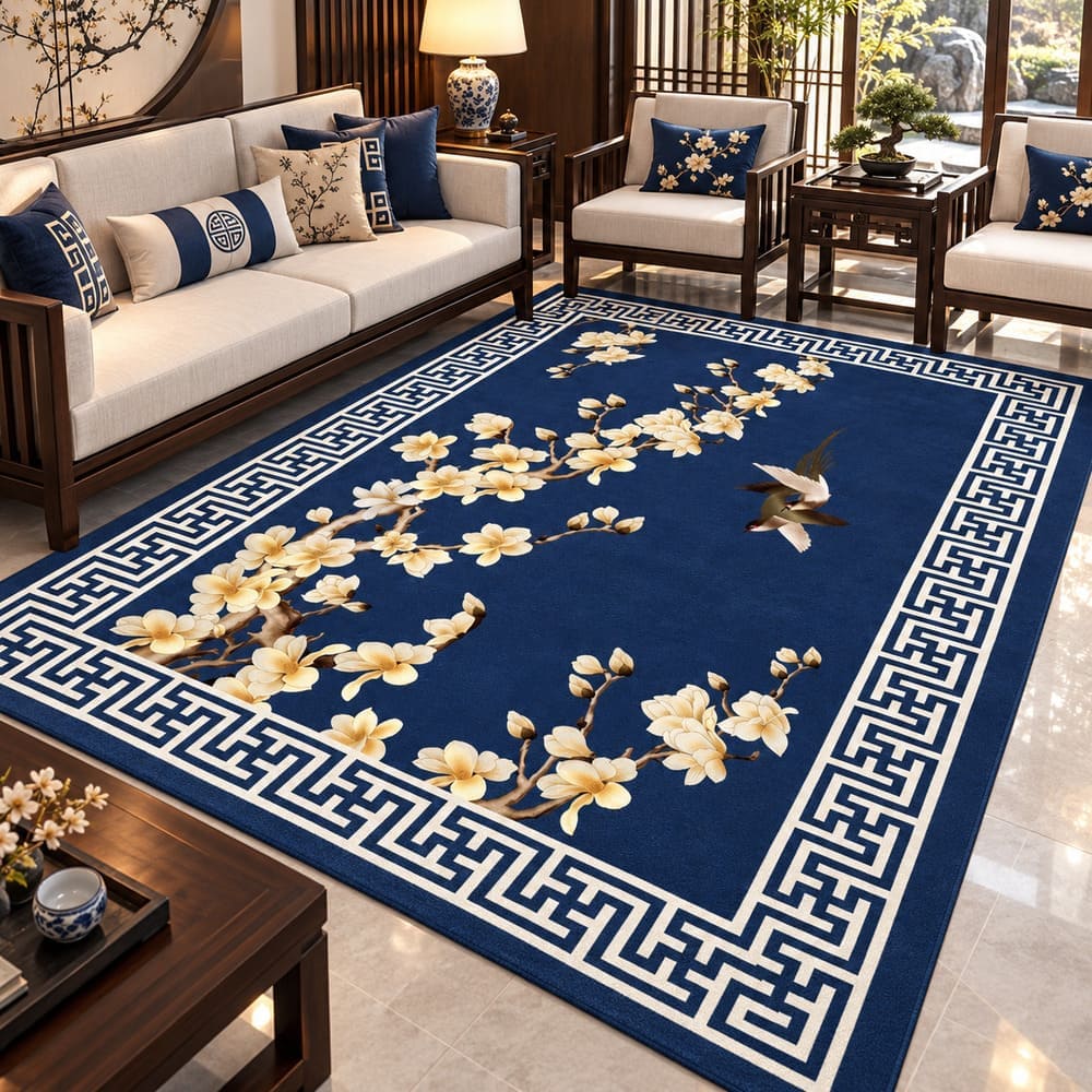 Tapis Chinois Fleuri Bleu