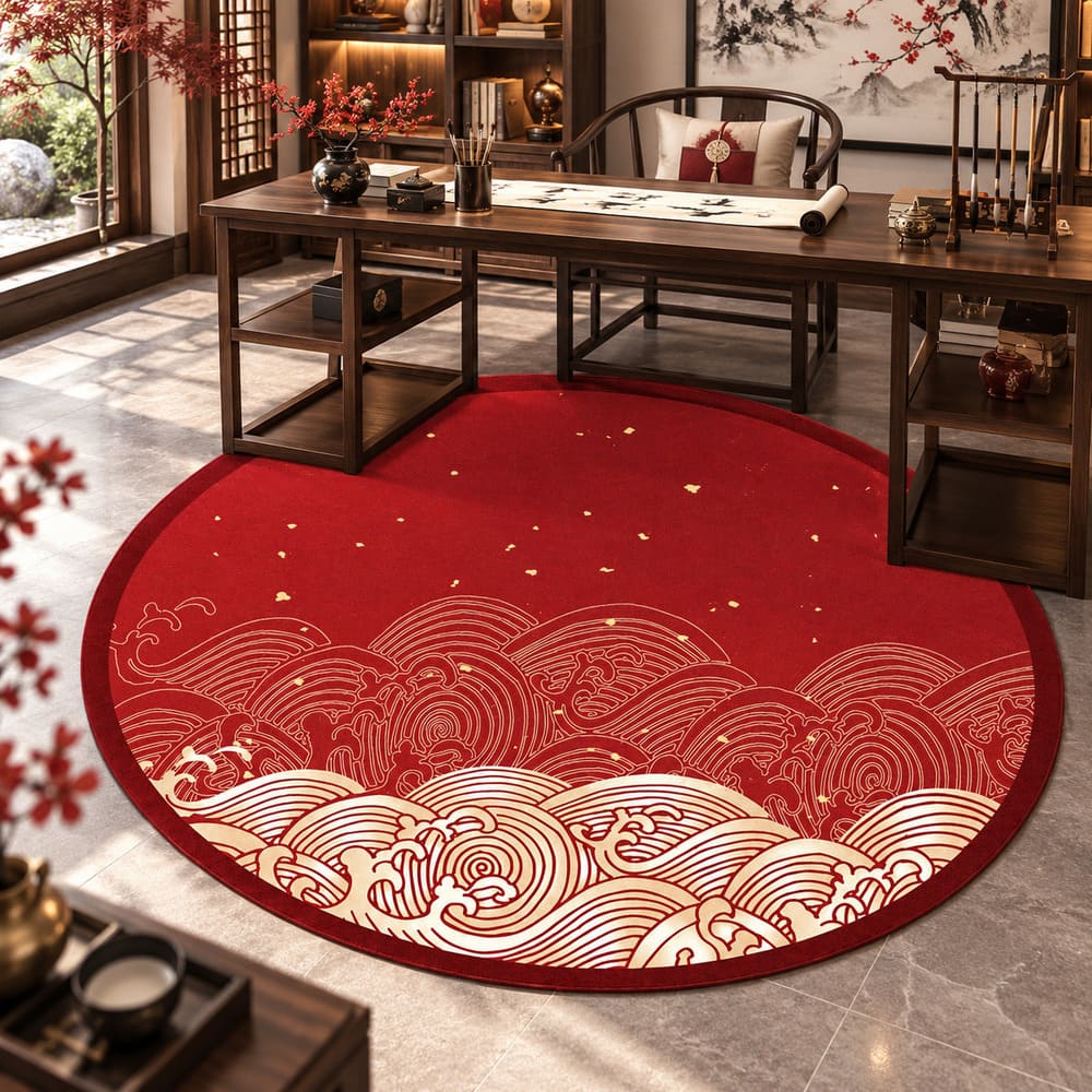 Tapis Chinois Rond Rouge – Vagues