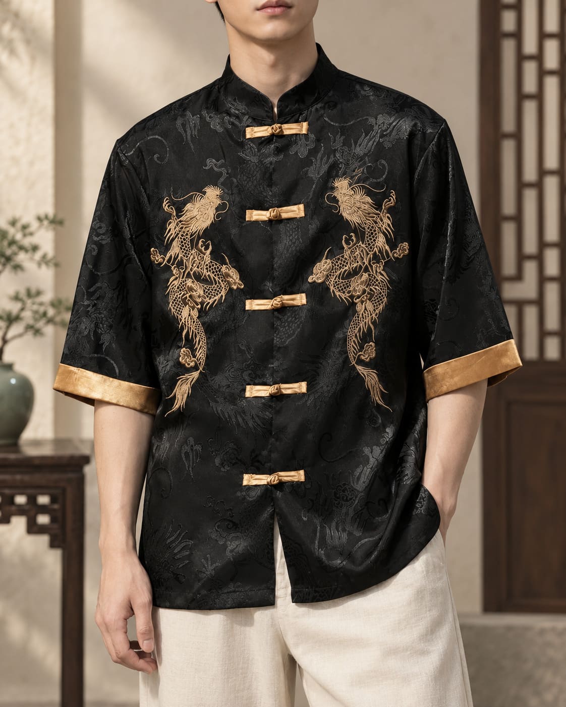Chemise Dragon Chinois Doré Brodé