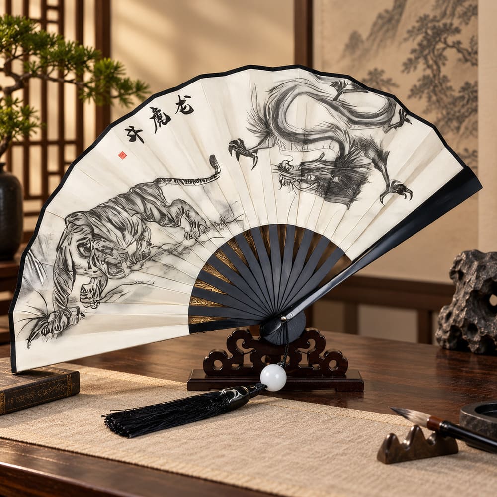 Eventail Chinois Dragon vs Tigre