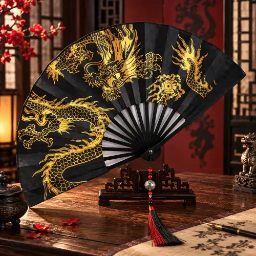 Éventail Chinois Noir – Dragon Doré